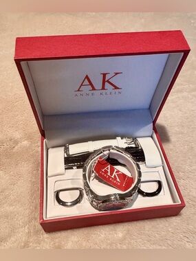 NEW Anne Klein Silver CZ Watch with changeable back and white covers and bands